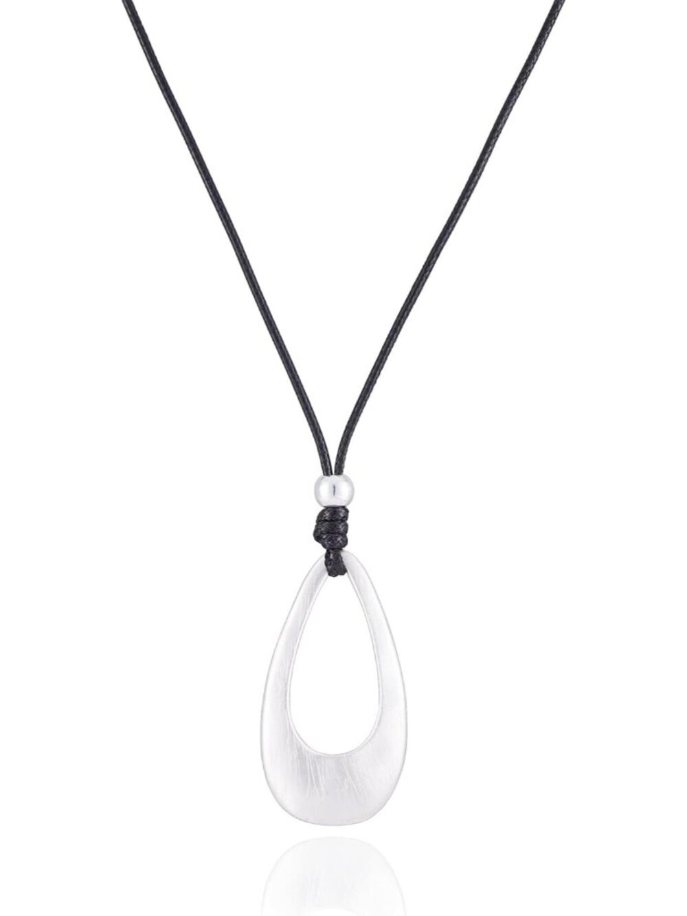 Women's Brushed Silver Teardrop Pendant Long Adjustable Brown Cord Necklace